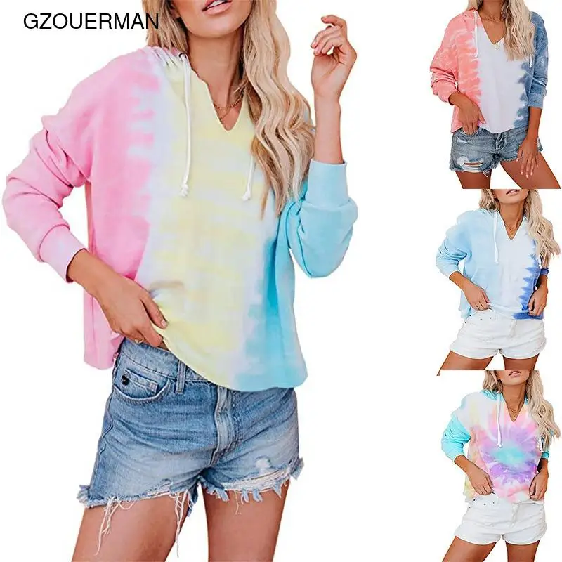 

hot style in Europe and the us women's tie-dye hooded fleece loose gradient long sleeve blouse