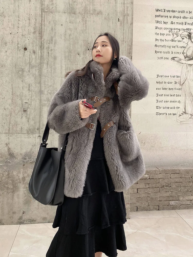 New winter fake fur and mixed fur coat lamb sheared fur integrated fur coat cardigan thickened medium and long coat women