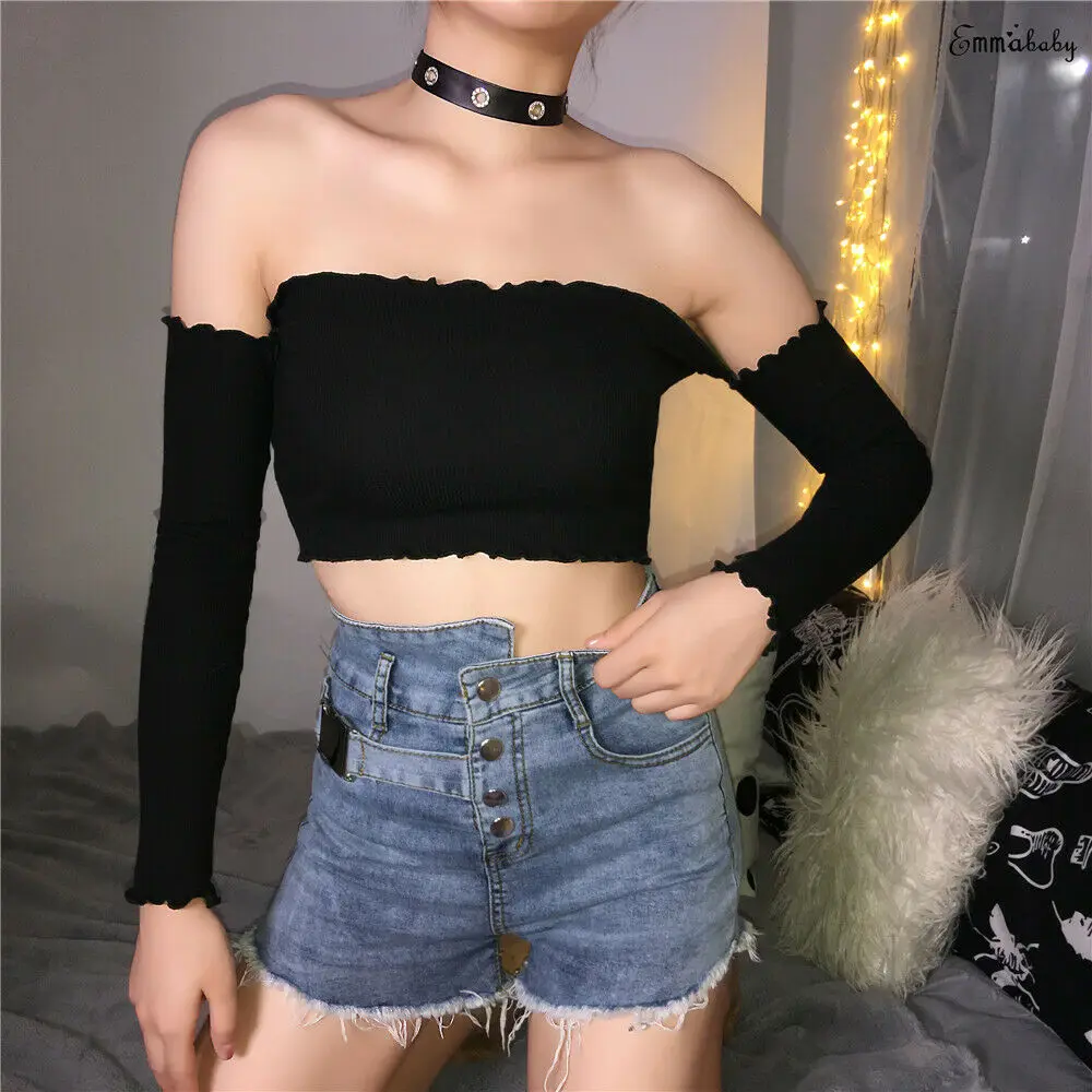 

Женский пикантный укороченный топ с открытыми плечами и длинным рукавом, женская летняя повседневная однотонная блузка из смеси хлопка в р...