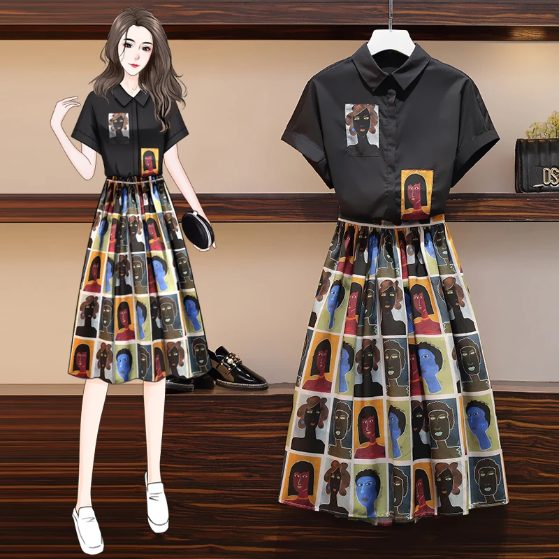Абстрактный Аватар Печать рубашка и Юбки Женский комплект 2 шт. 2020 Лето ретро
