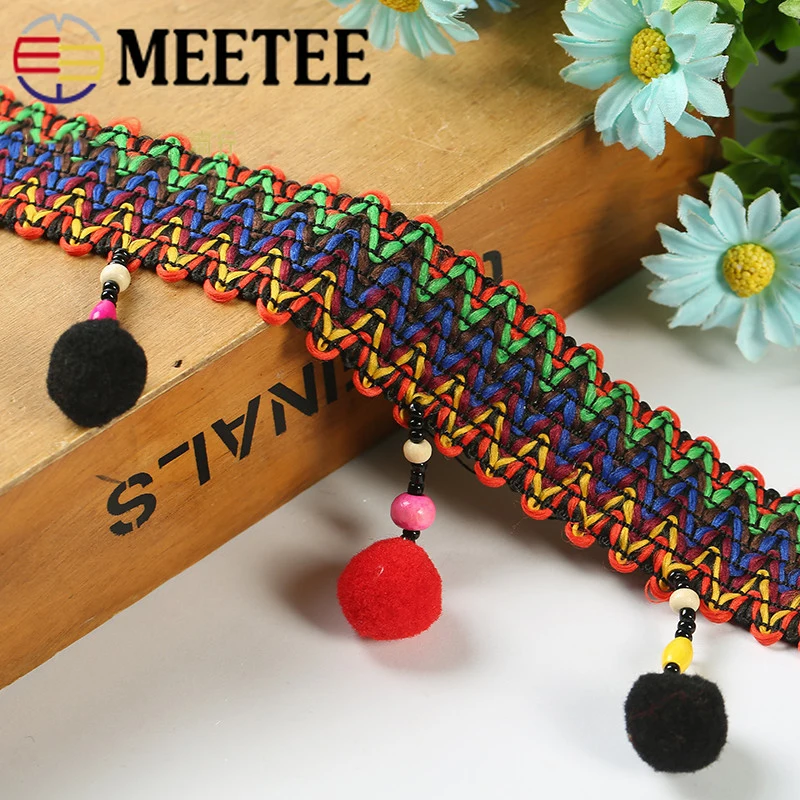 

5Yards Meetee 7.5cm Colorful Wave Pompon Trim Lace Fabric handmade Beaded Fringe Tassel DIY Garment Craft Decoration Material