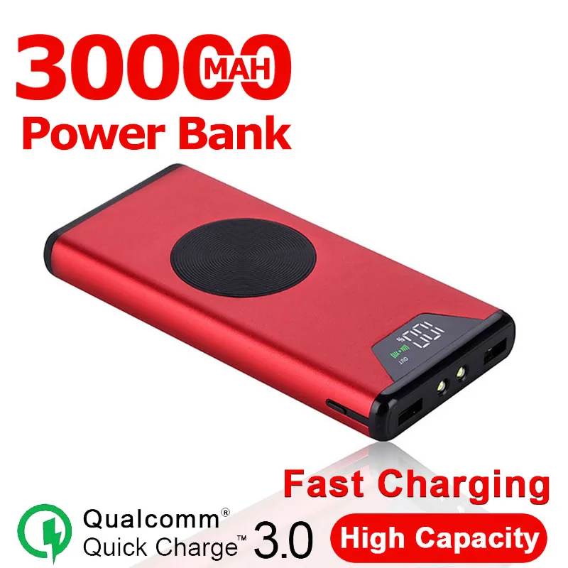 30000mAh Qi Беспроводное зарядное устройство USB Внешняя батарея цифровой дисплей