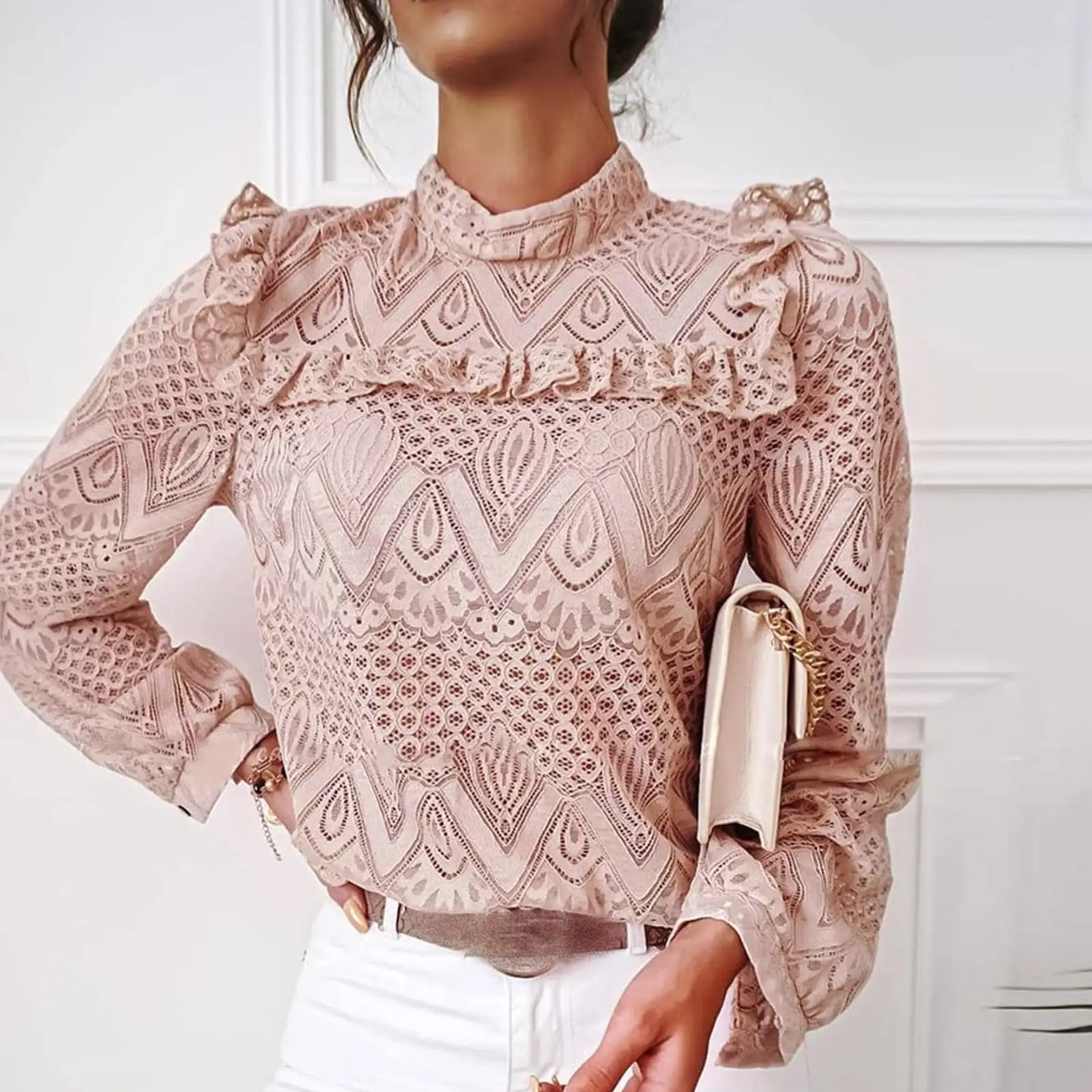 

New Autumn Women Elegant Long Sleeve Lace Ruffle Blouse Hollow Out Office Shirt Top Pullover