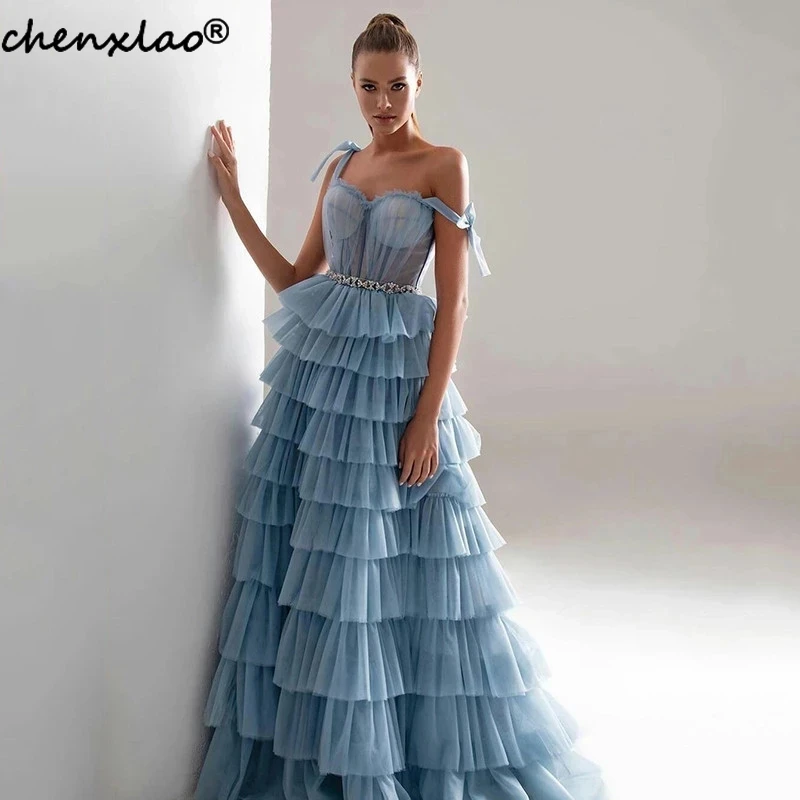 

Fabulous Dusty Blue Prom Dress Crystals Evening Dress Tiered Formal Evening Party Gowns Vestidos De Festa