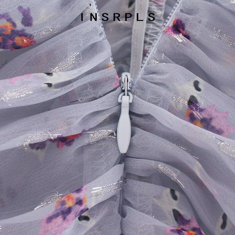 

INSRPLS Women Fashion Semi-sheer Floral Print Pleated Blouses Vintage Long Sleeve Back Zipper Female Shirts Chic Tops