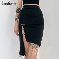 insgoth punk grunge metal ring black skirt goth sexy slit high waist skirts harajuku sexy hollow out asymmetrical women skirts