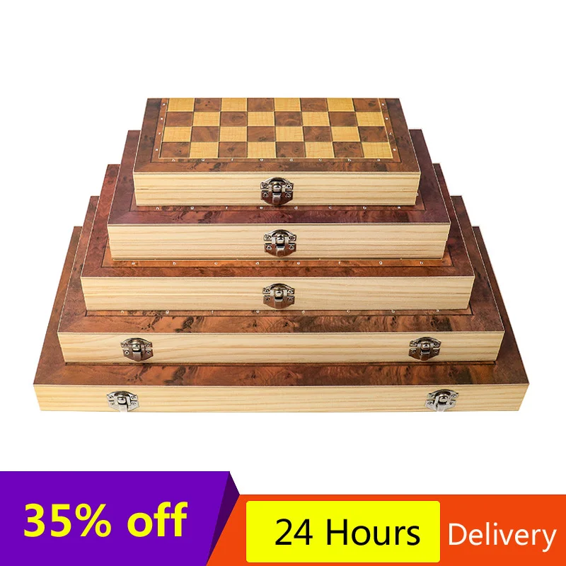 

34cm 39cm 44cm Large Chess 3 in 1 Foldable Wooden Folding Chess Board Set Travel Games Chess Backgammon Checkers Toy Games Gift