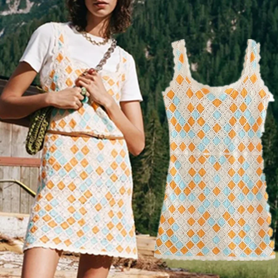 

Maxdutti England Style Indie Folk Dress Women Vintage Colorful Knitted Crochet Hook Mini Tank Casual Party Dresses Vestidos Tops