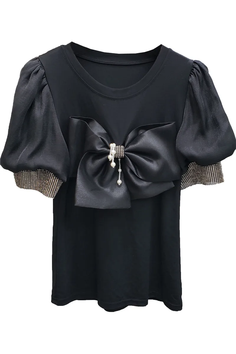 

Female Sweet Tridimensional Big Bow Patchwork Diamond Short-Sleeved T-shirt Fashion Summer Casual Top New Elegant Tee