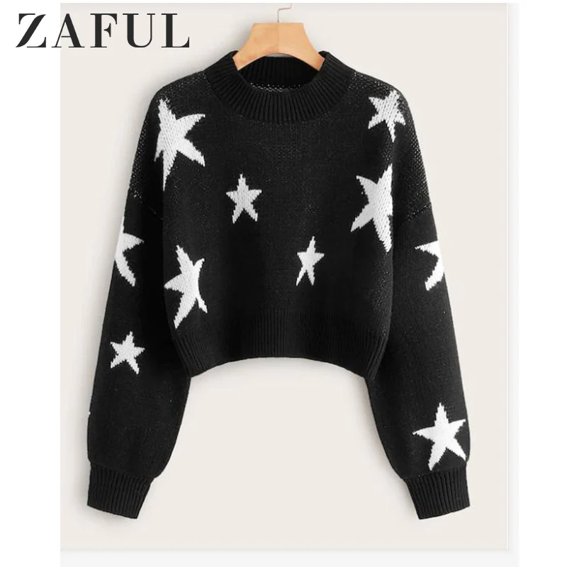 ZAFUL Star Drop Shoulder Jumper Sweater Women Autumn Pullover Tunic Crew Neck Long Sleeve Ladies Pullovers Hot Sale | Женская одежда