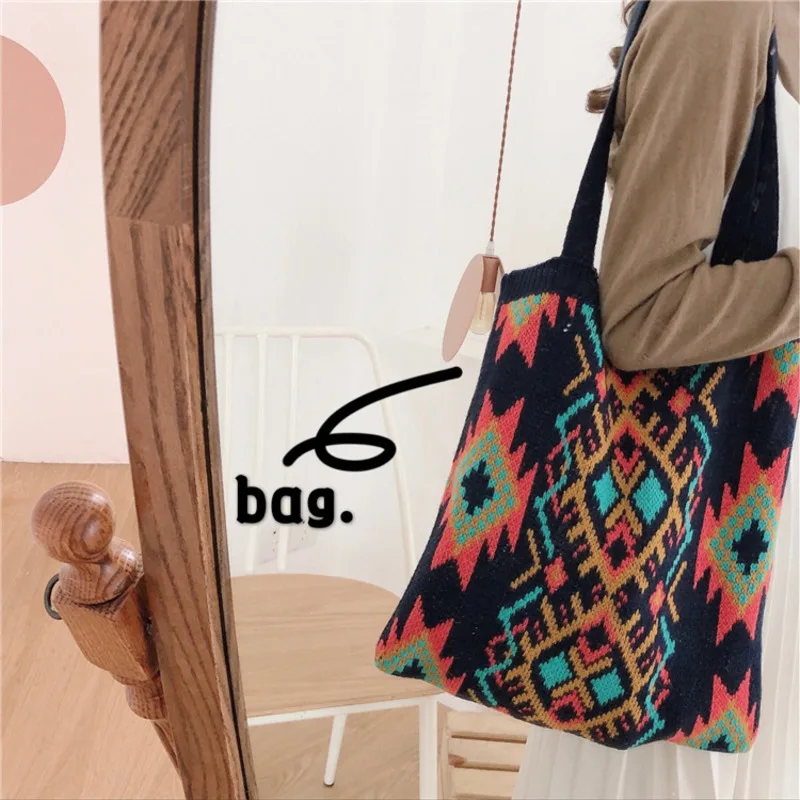 Вязаные сумки на плечо женские осенне зимние ретро шерстяная сумка через в