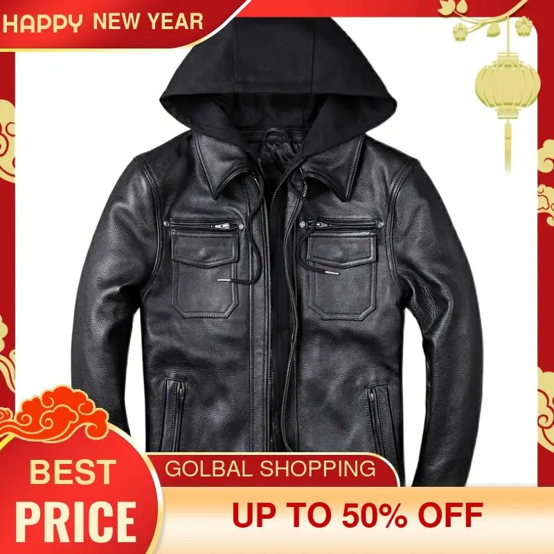 Koop 2021 Zwarte Kap Motorfiets Stijl Echt Lederen Jas Mannen Plus Size 5XL Echte Natuurlijke Koeienhuid Herfst Slim Fit Biker Jas