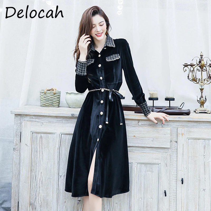 

Delcoah Новый 2021 осенние женские модные дизайнерские вечерние миди платье с рукавами-фонариками Великолепная пояса и однобортной рубашкой Сти...