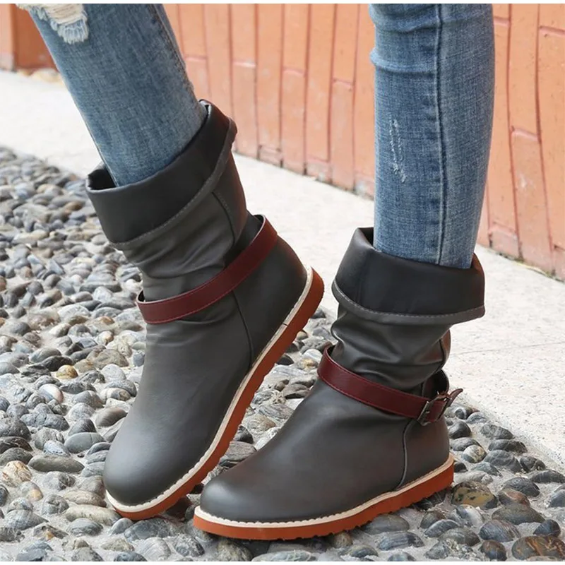 

Осень 2021, женские сапоги до середины икры, женские сапоги без застежки на плоской подошве с ремешком и пряжкой, модная женская обувь из искус...