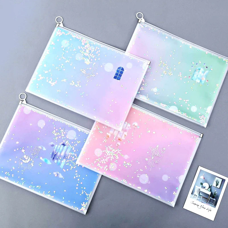 New quicksand sequins A4 file bag pp folder custom zipper B6 storage bill Pencil case pvc document files | Канцтовары для офиса и