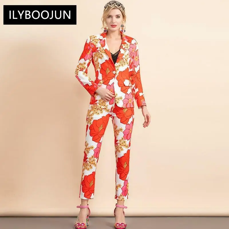 

Fashion Runway Autumn Red Flower Print Pants Set Women's Long sleeve Single Button Jacket＋Pants Two Piece Suit