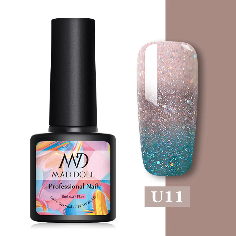 U11 MAD DOLL 1 бутылка 8 мл меняющий цвет УФ Гель-лак блестки термальный гель для ногтей отмачиваемый Гель-лак для нейл-арта лак 14 цветов - Цвет: U11