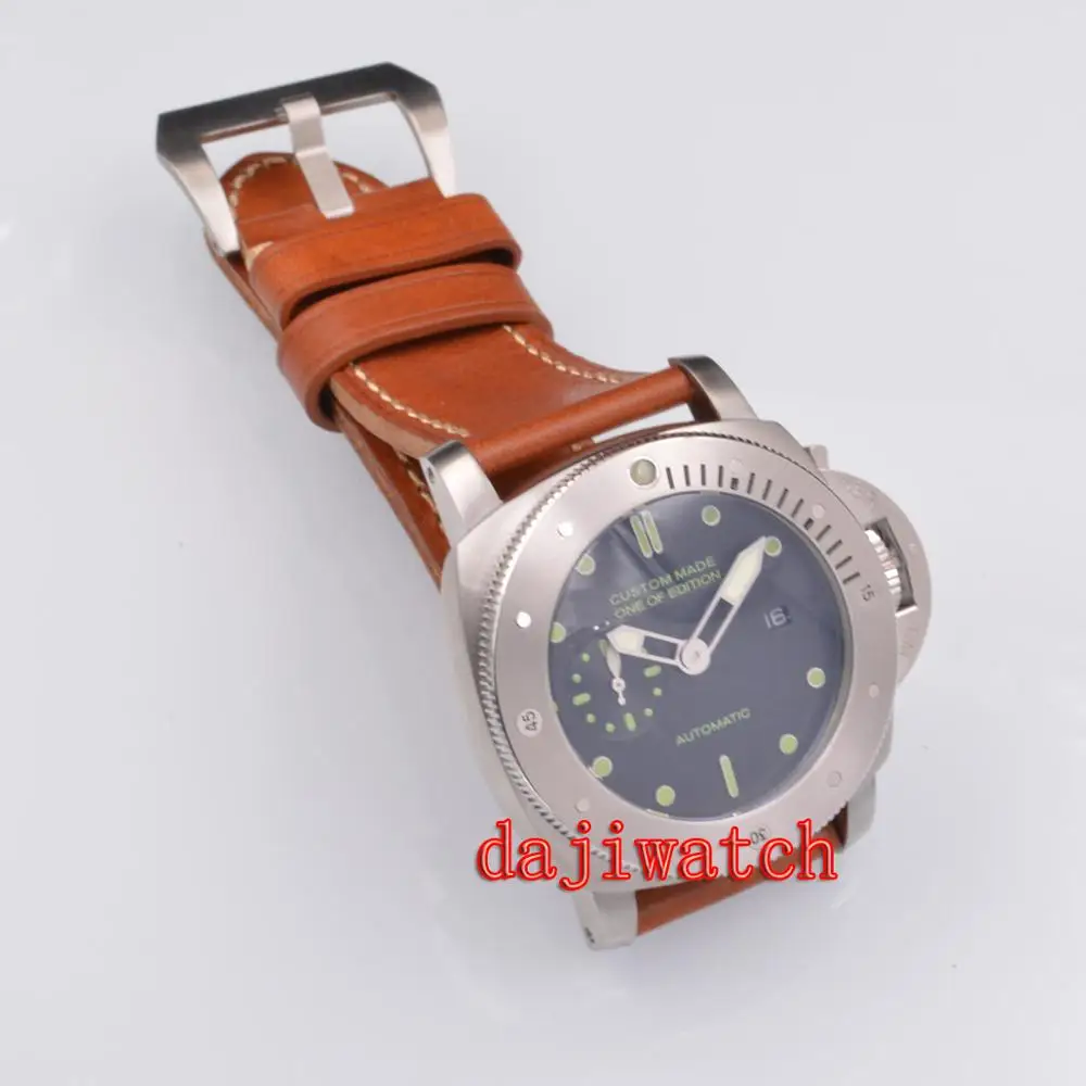 47 мм Parnis черный циферблат светящиеся механические мужские часы кожаный ремешок