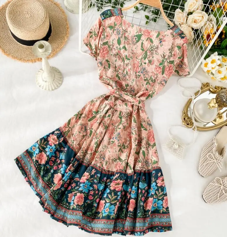 

Women's spring summer runway fashion high waist v neck print chiffon dress female casual chic short beach dress TB437
