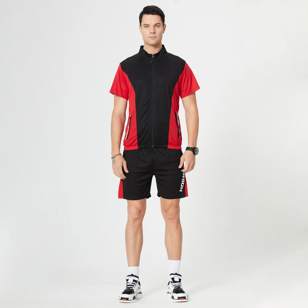 

Men's Sportswear Suit Short Sleeved Stand Collar Patchwork Cardigan Zipper T-Shirt with Drawstring Short Pants Casual Sport Suit