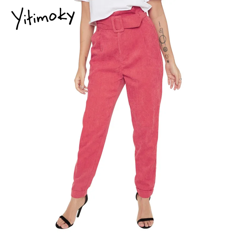 Вельветовые зимние брюки для женщин бумажный мешок талия элегантные с поясом