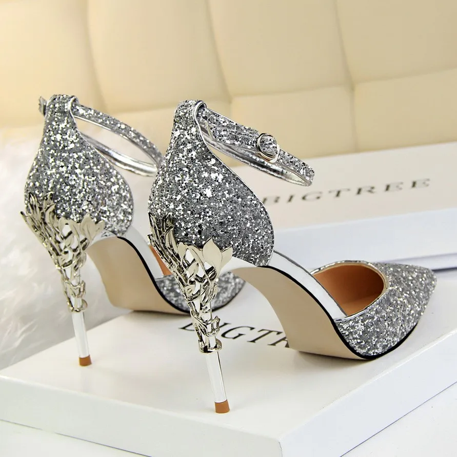 QWEDFsummer crystal princess shoes gold sequins high heels fine wedding silver bride pointy bridesmaid single MJ-75 | Обувь