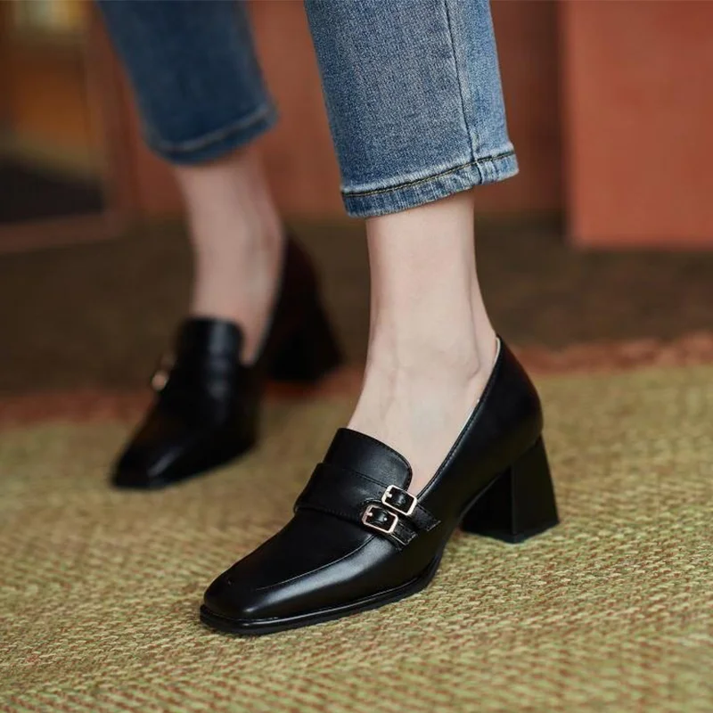 Туфли-лодочки женские из искусственной кожи на толстом каблуке квадратный носок