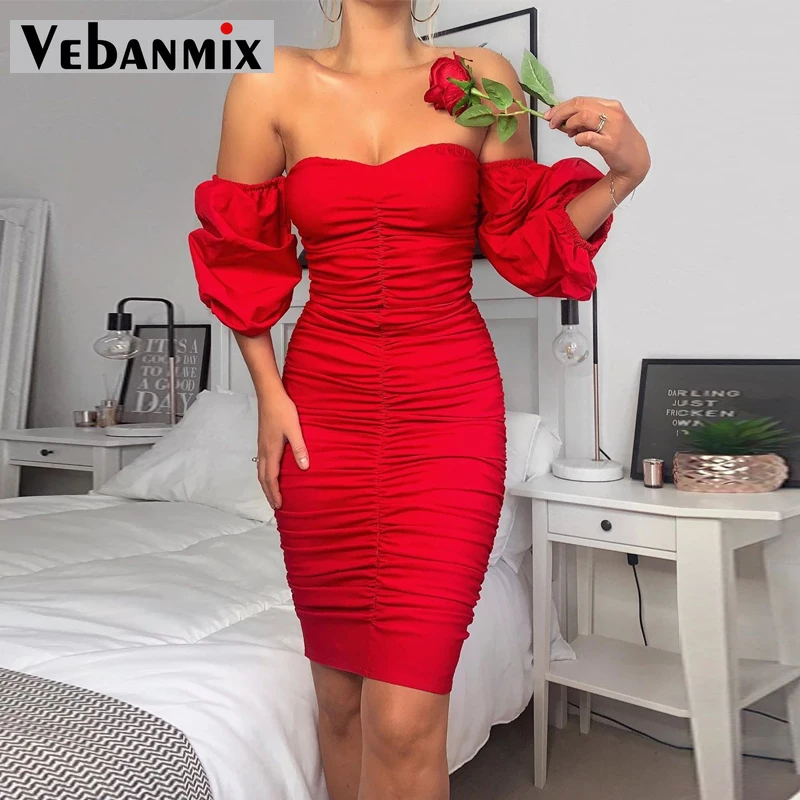 

Solid Off Shoulder Ruched Bodycon Dress Elegant Night Out Bodycon Party Dress 2020 Red Summer Dress