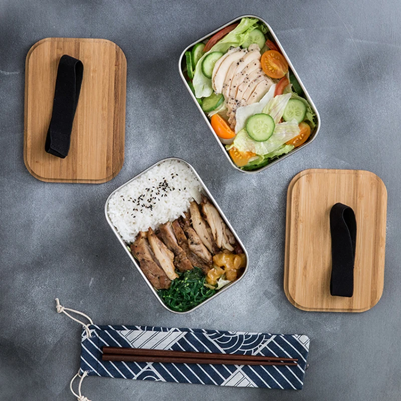 Stainless steel Lunch Box with wood Cover tableware Japanese Bento for School Kids Office Portable Food Container | Дом и сад