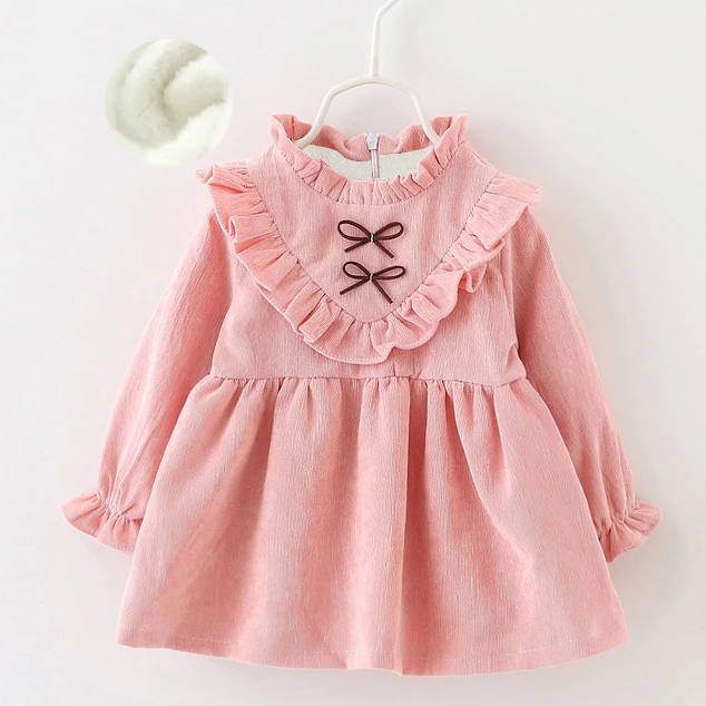 D1823-Pink Детское зимнее шерстяное платье с цветочным рисунком и меховым жилетом для маленьких девочек; платье для маленьких девочек; одежда для дня рождения Новогоднее и рождественское платье - Цвет: D1823-Pink