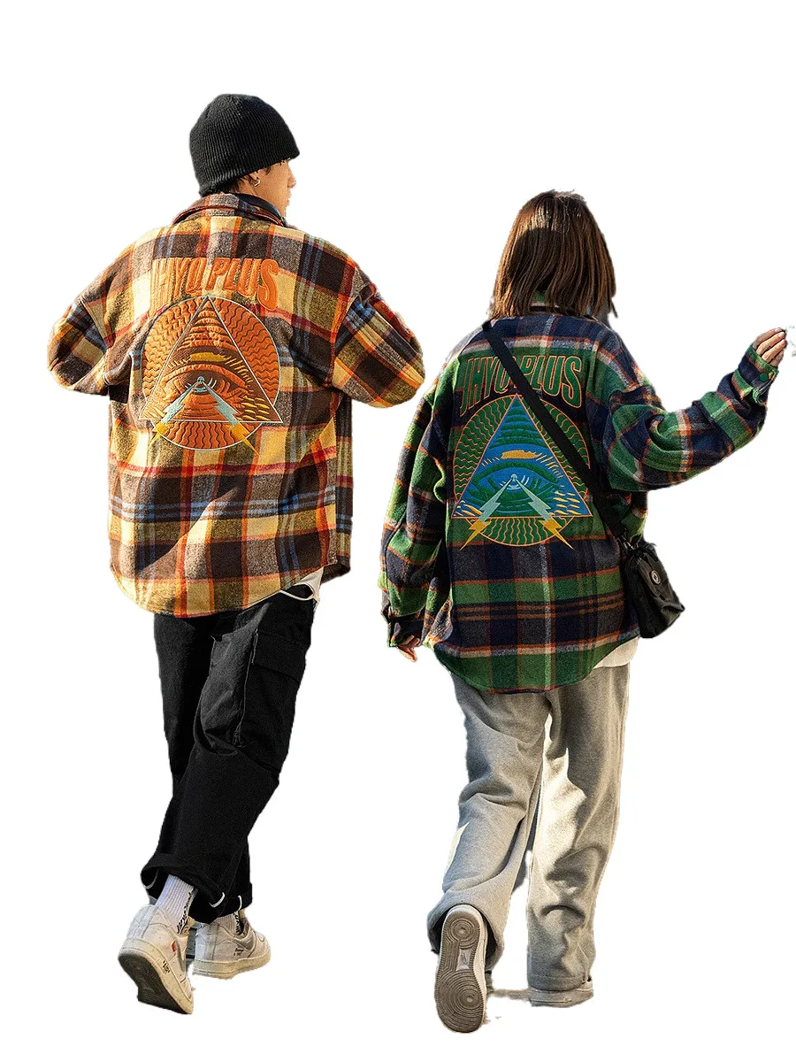 

New Plaid CASUAL MAN FASHION SHIRT TOP Embroidery Lovers Korean Clothing Oversize Clothes For Men Sporting Male Vintage M-2XL