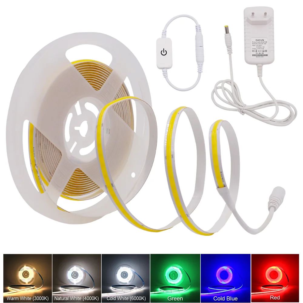 

COB LED Strip with Touch Dimmer 320 384 528 LEDs High Density Led Tape Flexible FOB Linear Ribbon 12V 24V EU Plug Stairs Decor