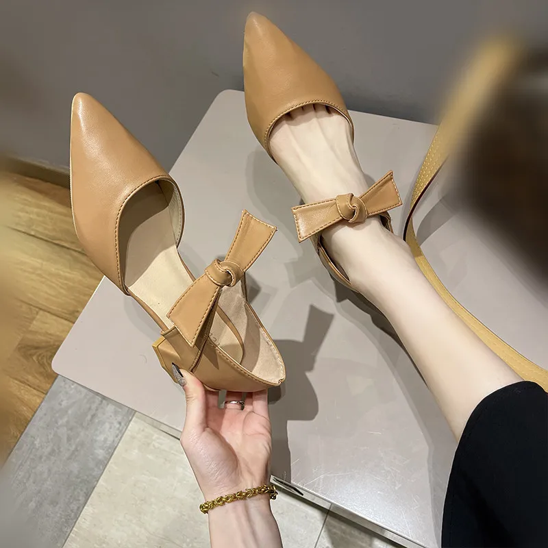 

High Heel Sandal for Women Bow Shoes Suit Female Beige Med Shallow Mouth High-heeled Fashion Spring Elastic Band 2021 Comfort B