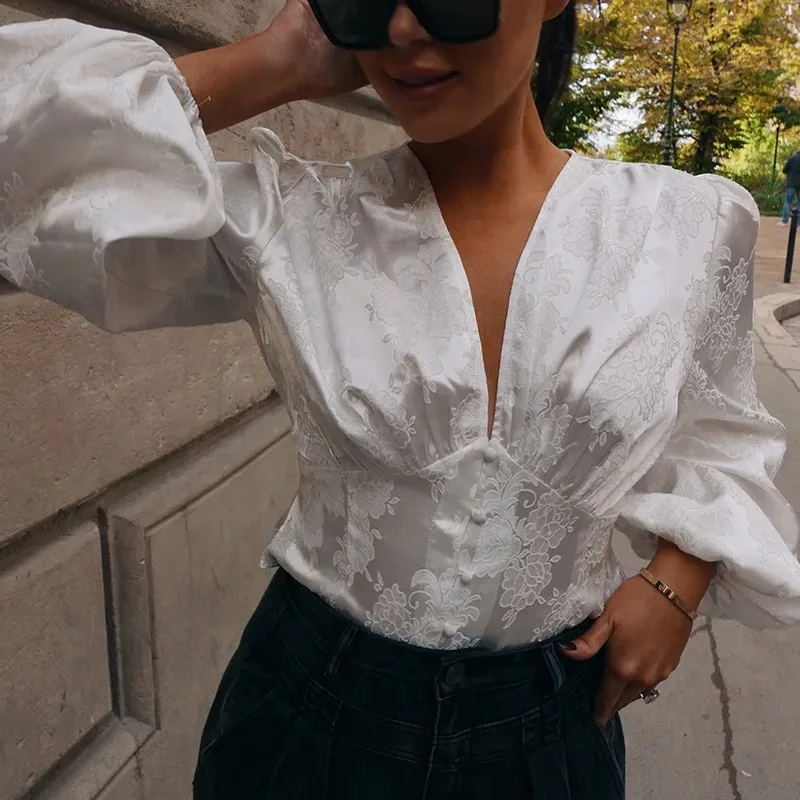 Винтажная атласная блузка сексуальная Белая Прозрачная женская с v-образным