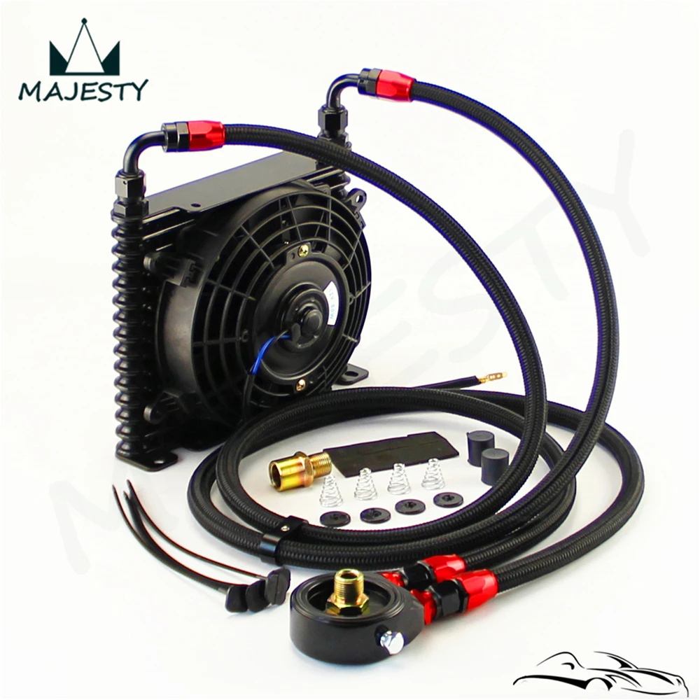 

Universal 15 Row AN8 Oil Cooler 32mm Filter Adapter Hose Kit +7" Electric Fan