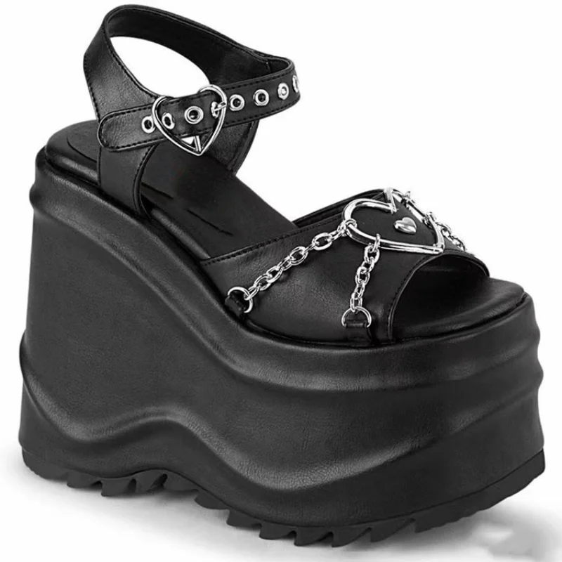 

Women Sandals Metal Chains Decoration Ankle Strap Solid Platform Buckle Strap Wedges Roman Style Female Shoes 2021 Ladies Trend