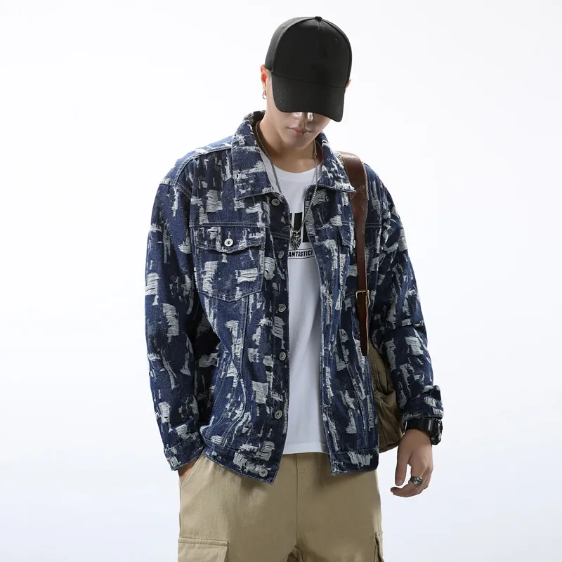 

2020 New Men Ripped jackets Denim Loose Blue Black Punk Style Man Jeans Fashion Outwear Male Amazing Autum Winter Clothing