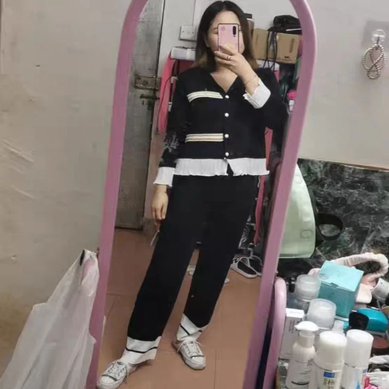 Модный Тонкий Повседневный Трикотажный костюм с оборками женский корейский