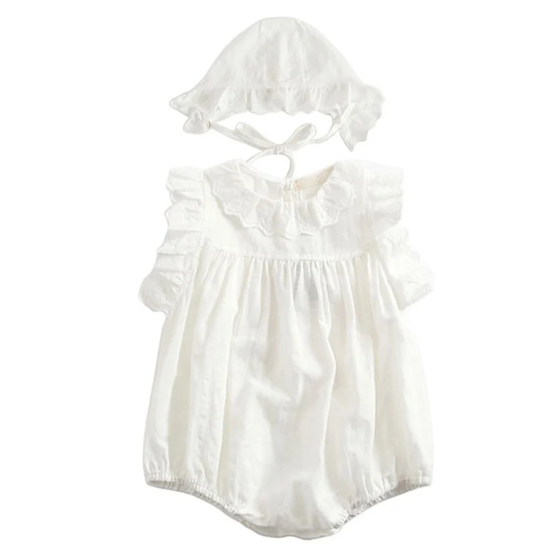 

2020 2020 Lovely Infant Summer Short Sleeves Lotus Leaf Collar Solid Color Jumpsuit Climb Soft +Hat 2pcs 0-3Y Newborn Baby