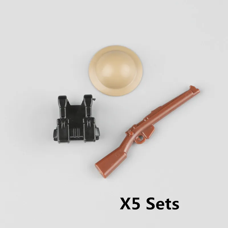 01Style-5Sets WW2 военный оружие строительные блоки аксессуары немецкая армия британский солдат шлем пистолеты кирпичи жилет для фигурки одежда для тела игрушки C132 - Цвет: 01Style-5Sets