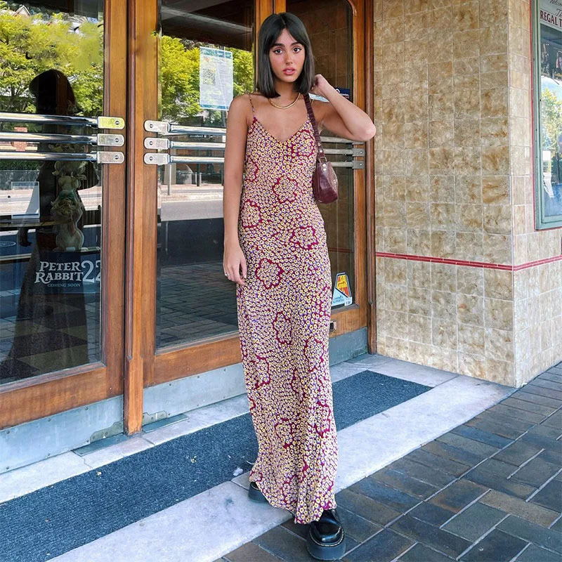 

2021 Floral Print Maxi Dress Boho Women Spaghetti Strap Beach Summer Purple Vintage Backless Elegant Casual Dresses Long