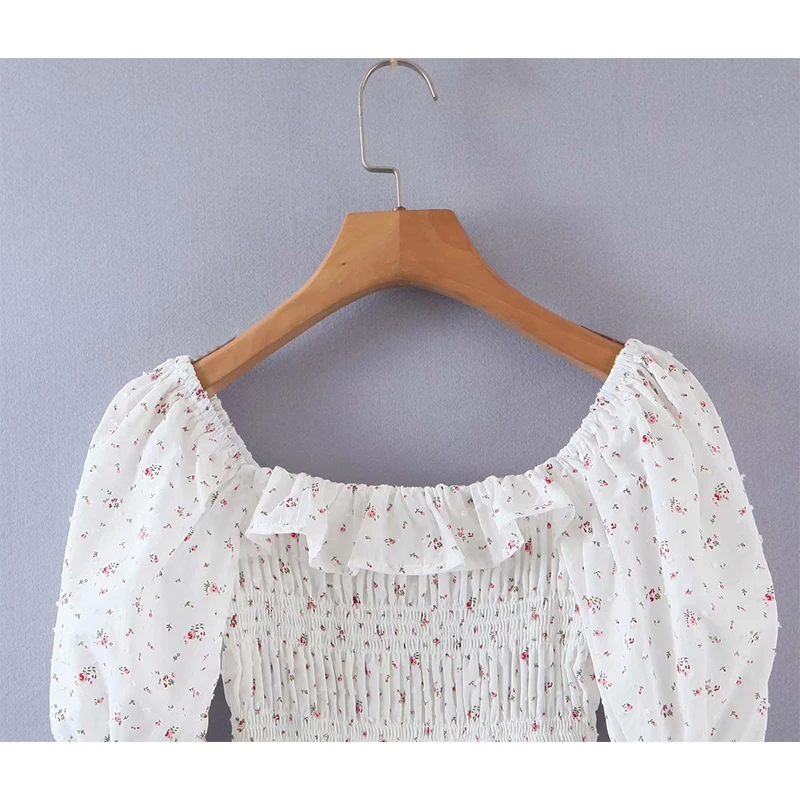 

YENKYE Sweet Floral Print Elastic Crop Top Women Sexy Square Neck Short Sleeve Ruffle Summer Tops Fashion Blusas