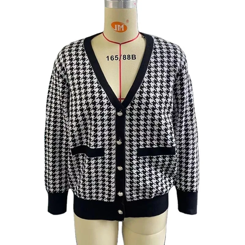 

V Neck Women Button Black Houndstooth Cardigan 2020 Long Sleeve Sweater Autumn Winter Knitted Loose Oversized Jumper Casual T92