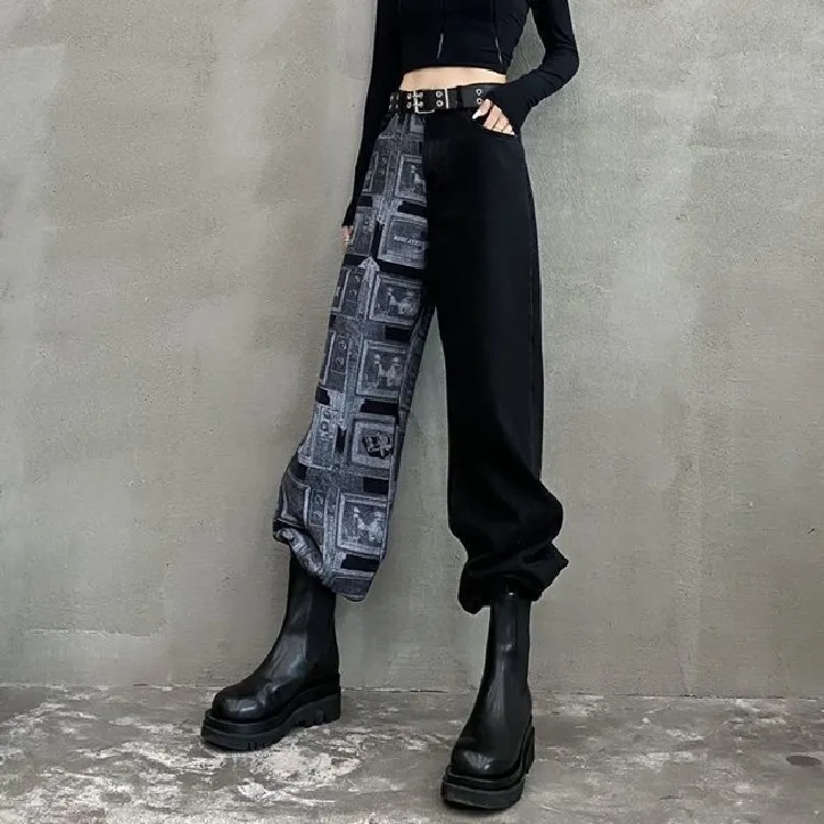 

High Waist Patchwork Jeans Color Block Digital Printed Wild Wide Leg Trousers Stylish Chic Wild Fitting Cargo Pants for Women