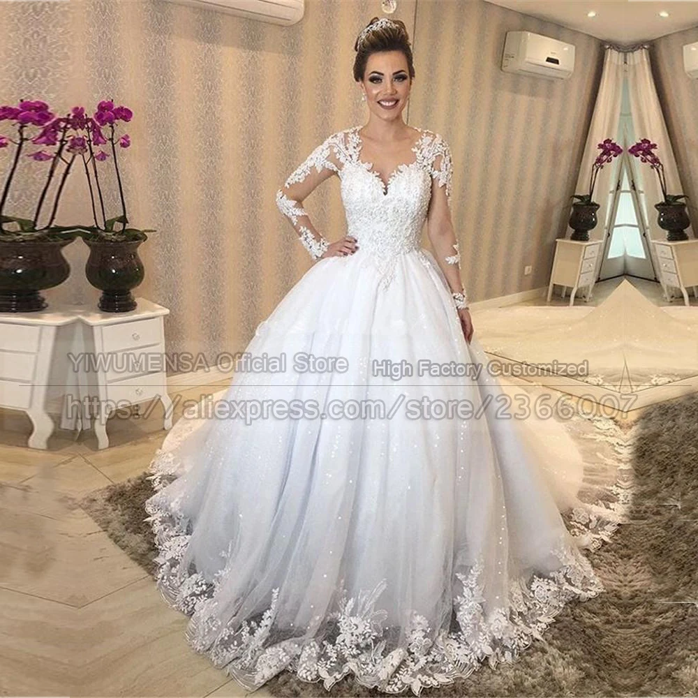 

Shiny Long Sleeves Ball Gown Wedding Dresses Lace Appliques Illusion Arabic Garden Bridal Gowns Court Train Vestido De Novia