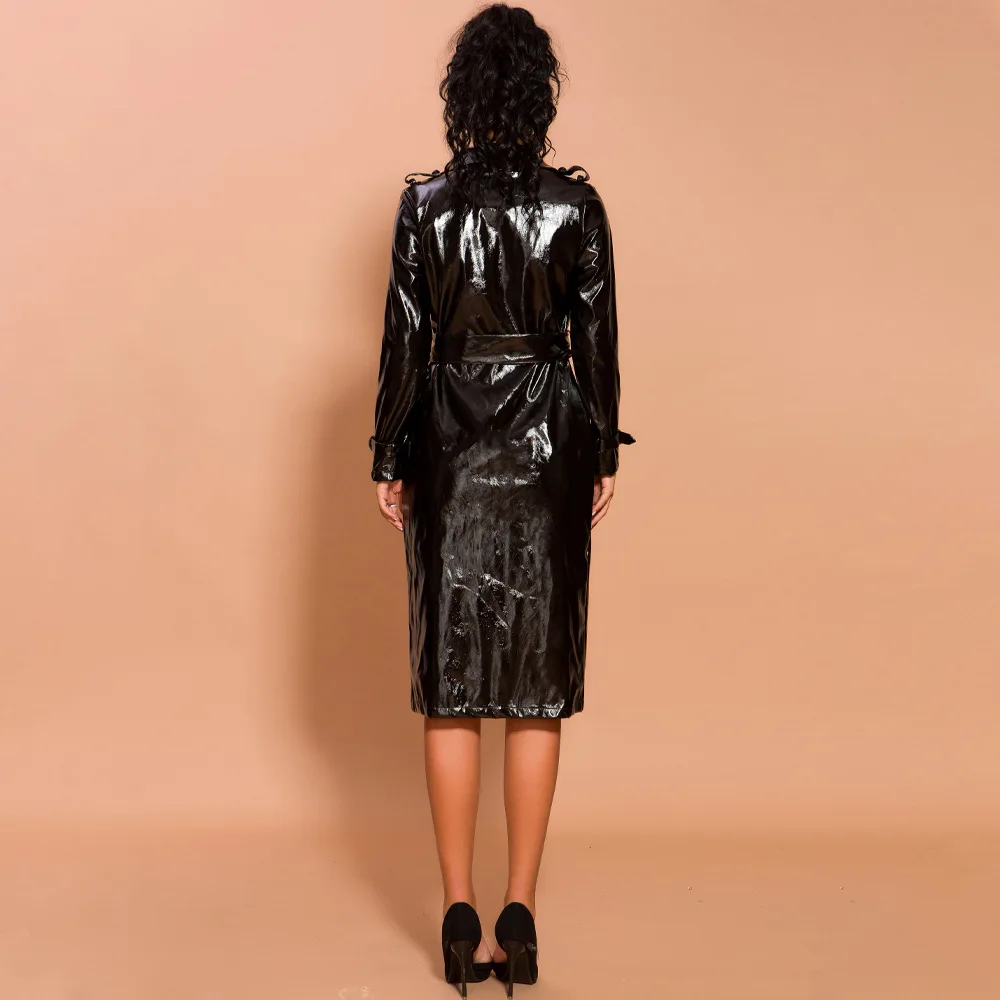 Женское длинное однотонное пальто из латекса с длинным рукавом и v образным