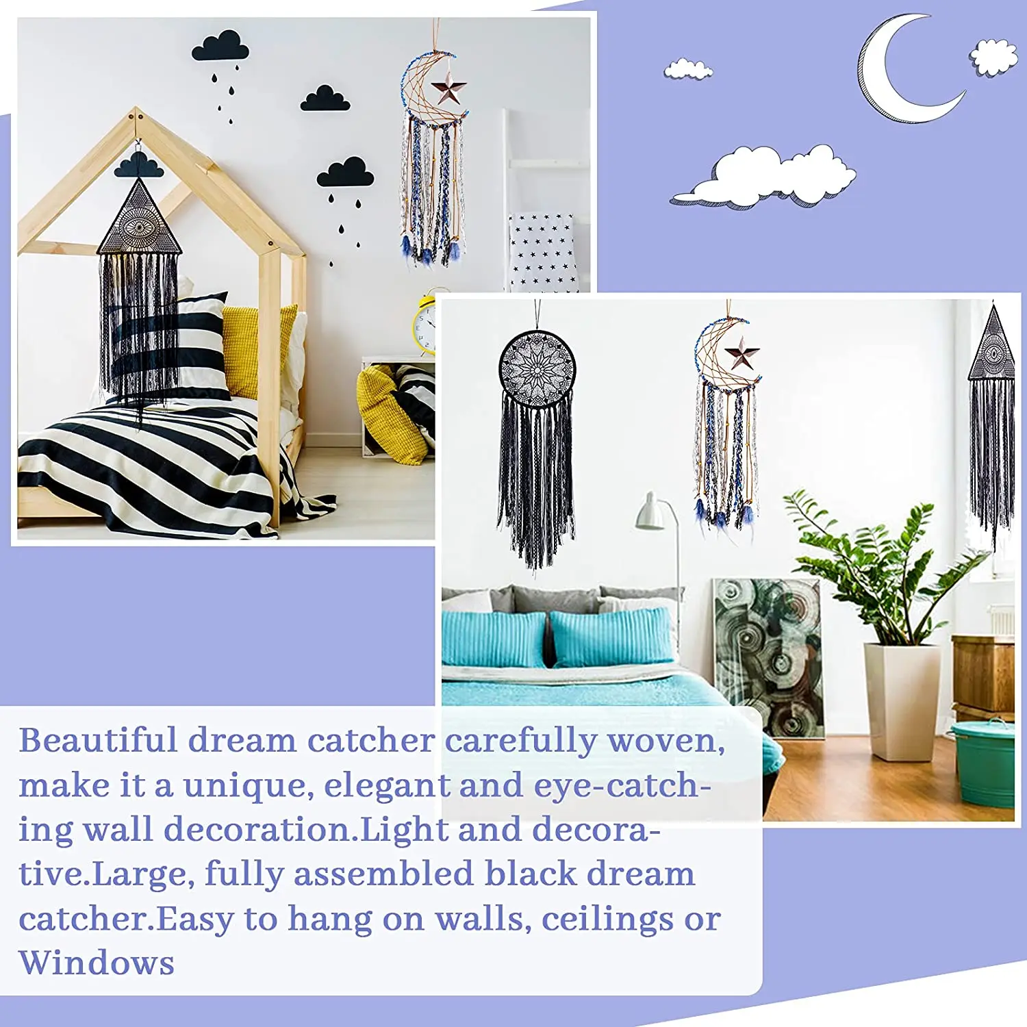 

3 Pieces Dream Catchers Black Evil Eye Catcher and Moon Design Feather dreamcatcher Wall Decor Bohemian Festival Decorations
