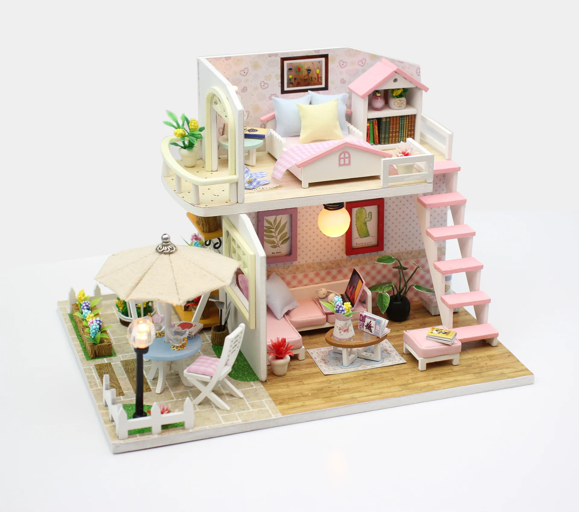 

Handmade doll house creative architectural sand table model pink attic with dust cover