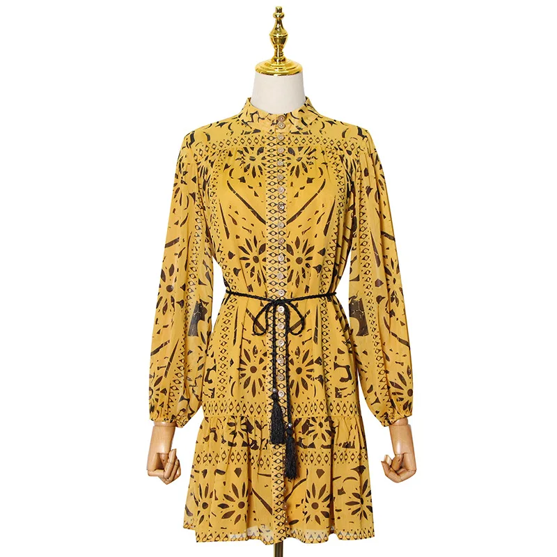 

New fashion temperament stand collar lantern sleeve ruffled buckle design shirt short dress women