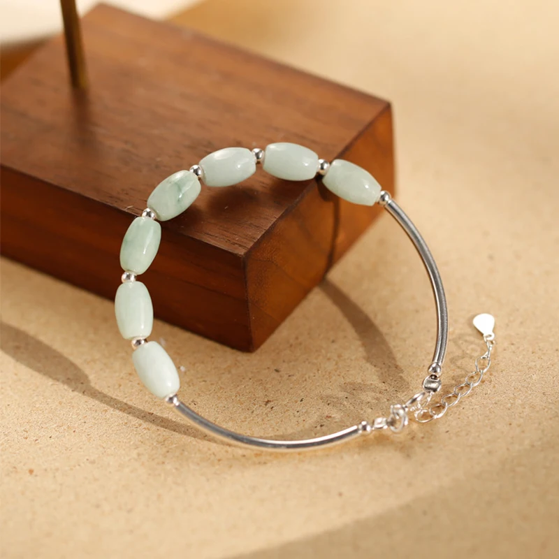 

Elegant Women's Natural Oval Green Jade &Round Ball Bangle Bracelets for Women Silver Color Wedding Fine Jewelry Gifts Wholesale